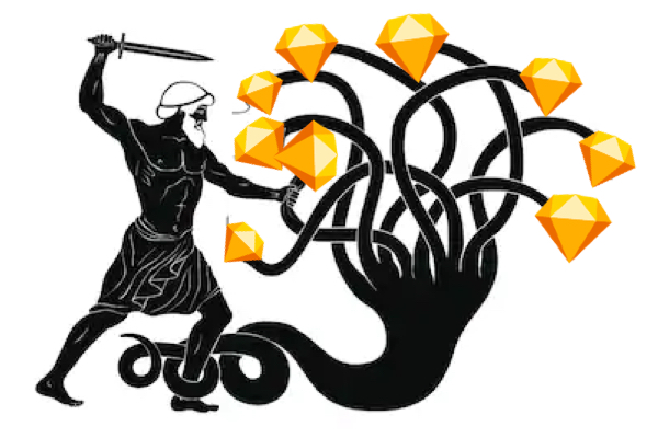 Greek style hercules battling the hydra with the heads replaced with sketch logos