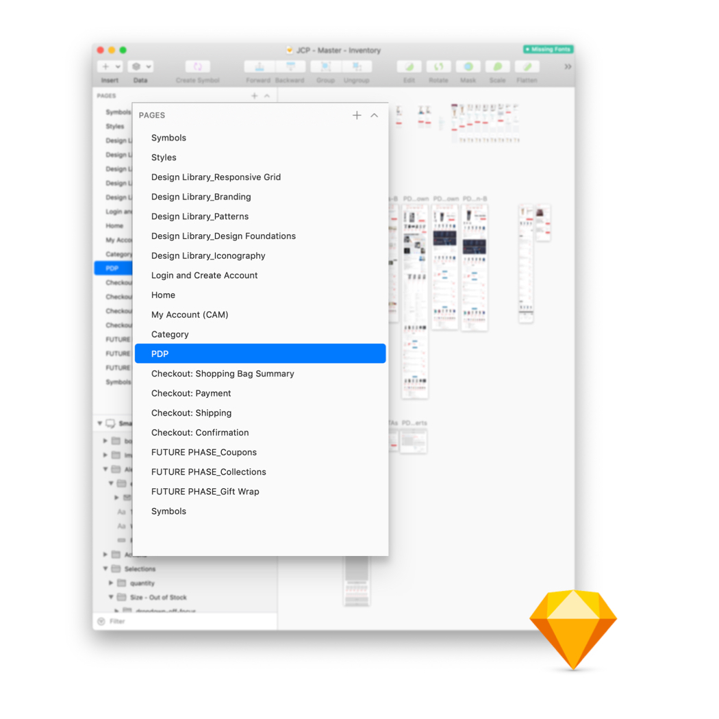 Sketch design file with the pages magnified outlining different page types