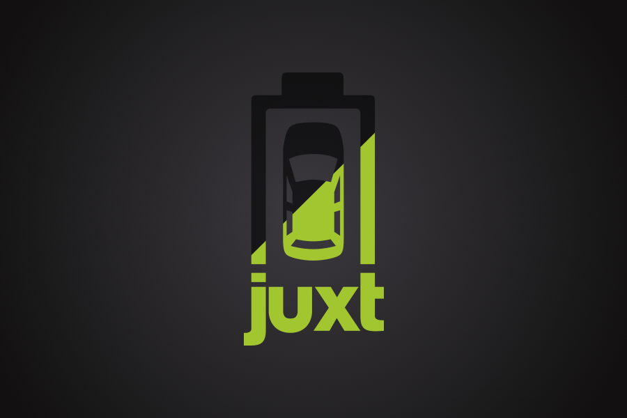 Juxt logo featuring a forced connecting between a battery and car parking spot partially filled with bright green to represent the charging of a battery