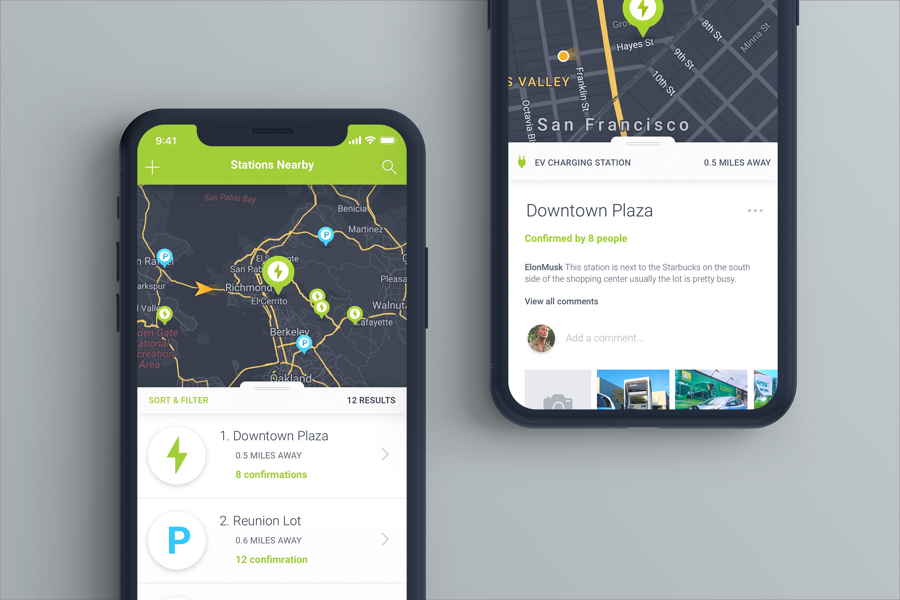 To mobile device mockups showing a high level view of various charging stations and a detailed view of a single charging station with information around location, photos and comments.