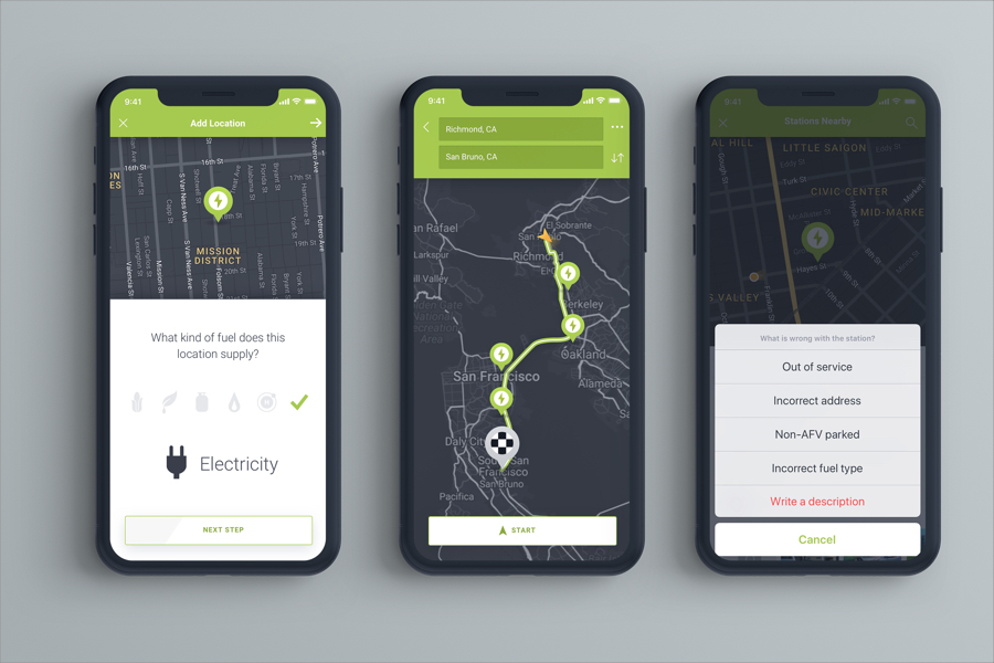 Mobile screen depicting locating and navigating to the nearest charging station