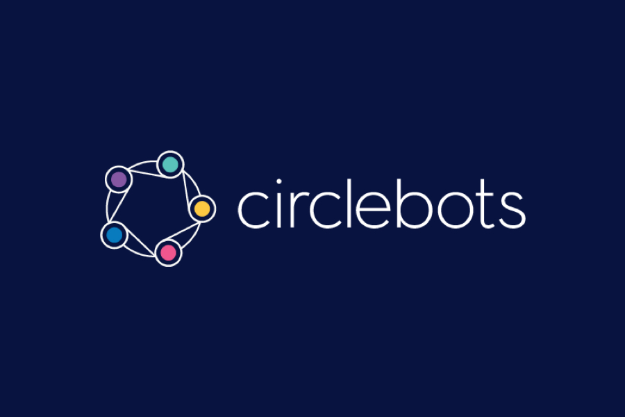 5 circles with different colors, purple, teal, yellow, pink and blue surrounded by a white outline create an abstract wheel like graphic. The logotype spells out circlebots in a thin sans serif typeface. Both logo and logotype appear on top of a dark blue background.