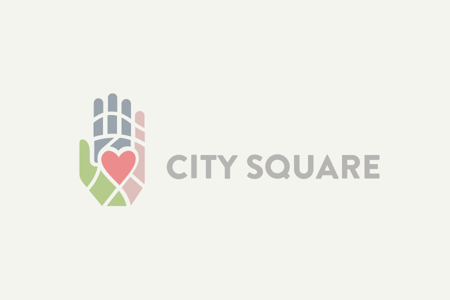 A multicolored hand with sections of the hand being divided by lines in the hand. A heart sits at the center of the hand giving the appearance of a city map. The words City Square appear to the right of logo in blocky sans serif font and are a warm grey. The logo and logotype appear on top of a light sandstone background.