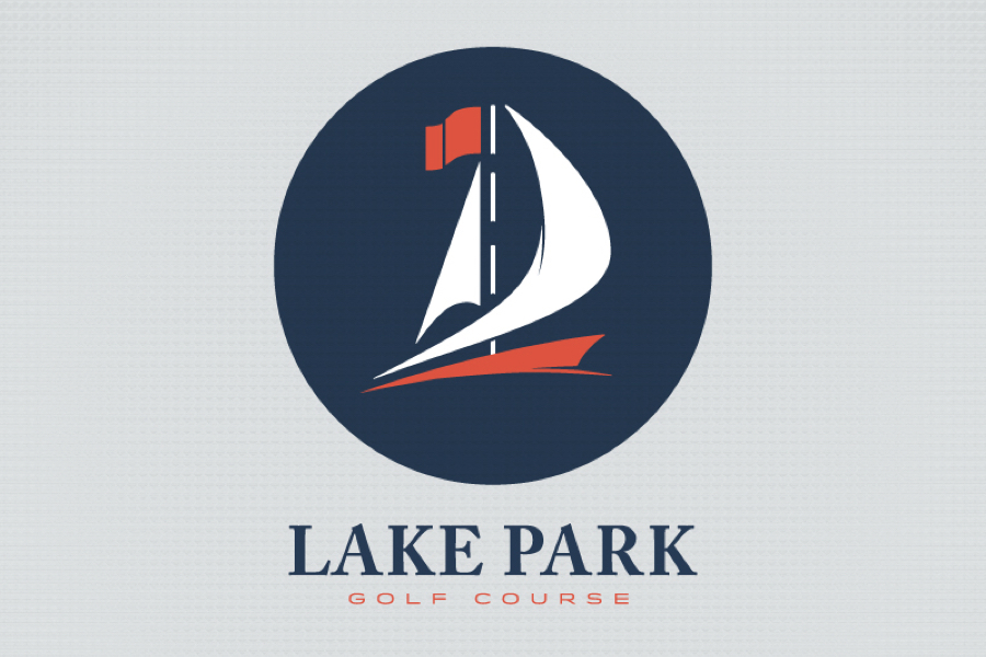 a sale boat graphic centered inside a dark blue circle with a golf hole flag as a mast with a red flag. Lake park golf course sits below the logo in a serif typeface.